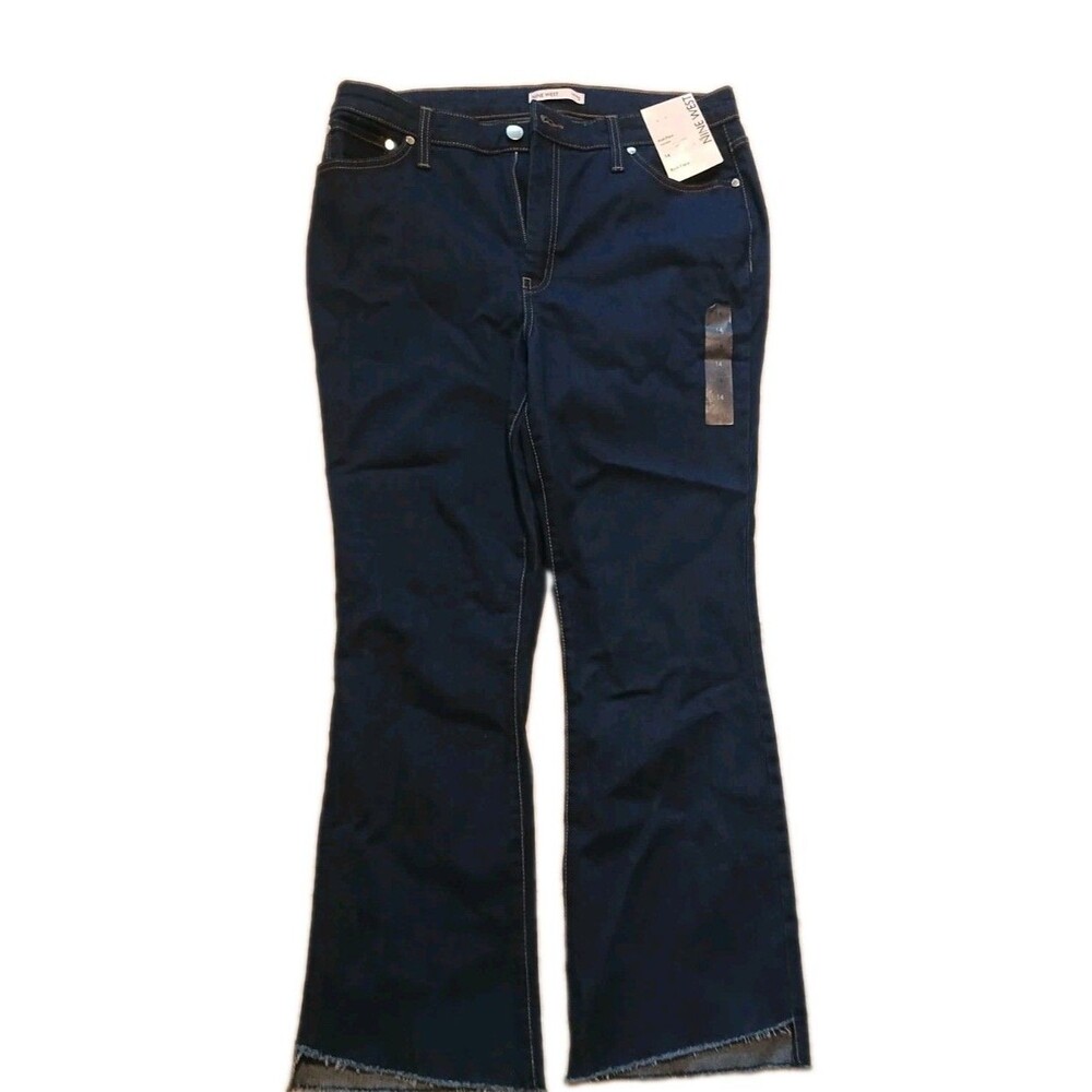 Nine West Jeans Womens 14 Kick Flare Stretch High Rise Dark Blue Raw Hem NWT